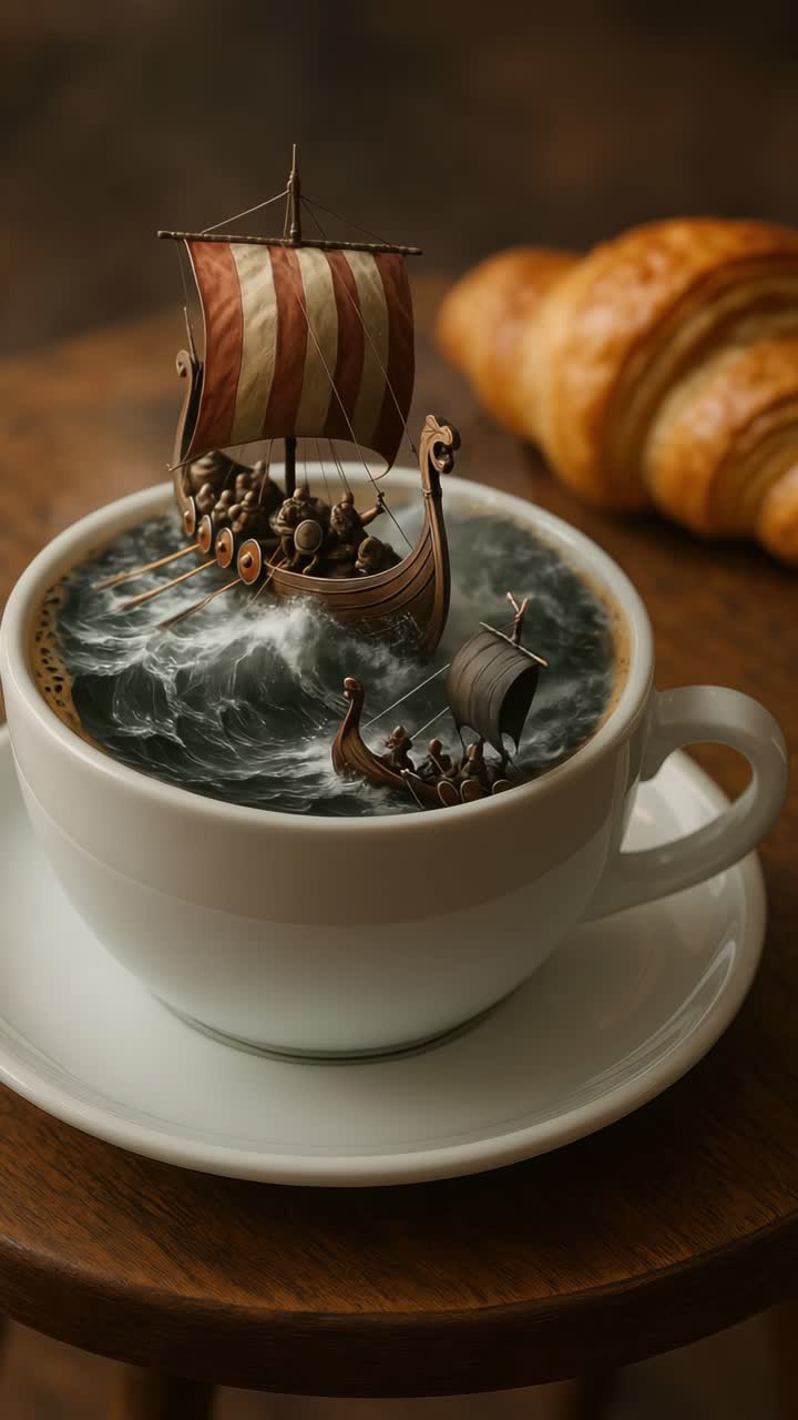 A whimsical video concept: a Viking ship sails on coffee waves in a cup