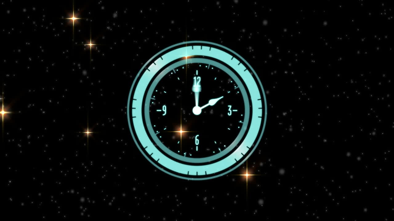 Animation of clock and falling stars over black background