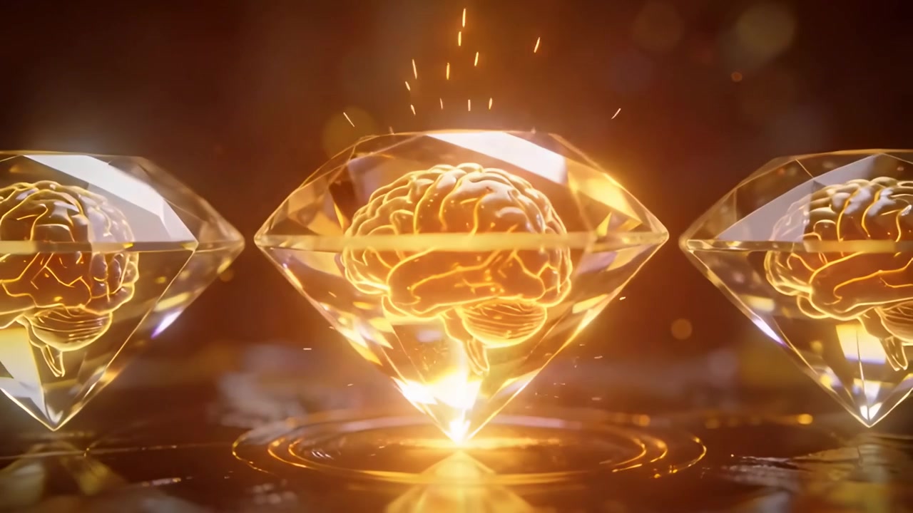Cristallo sfaccettato centrale pulsante che emette un bagliore cerebrale su una piattaforma circolare, formando un trio simmetrico.