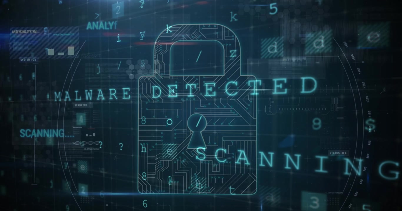 Animation of digital interface with security padlock over dark background