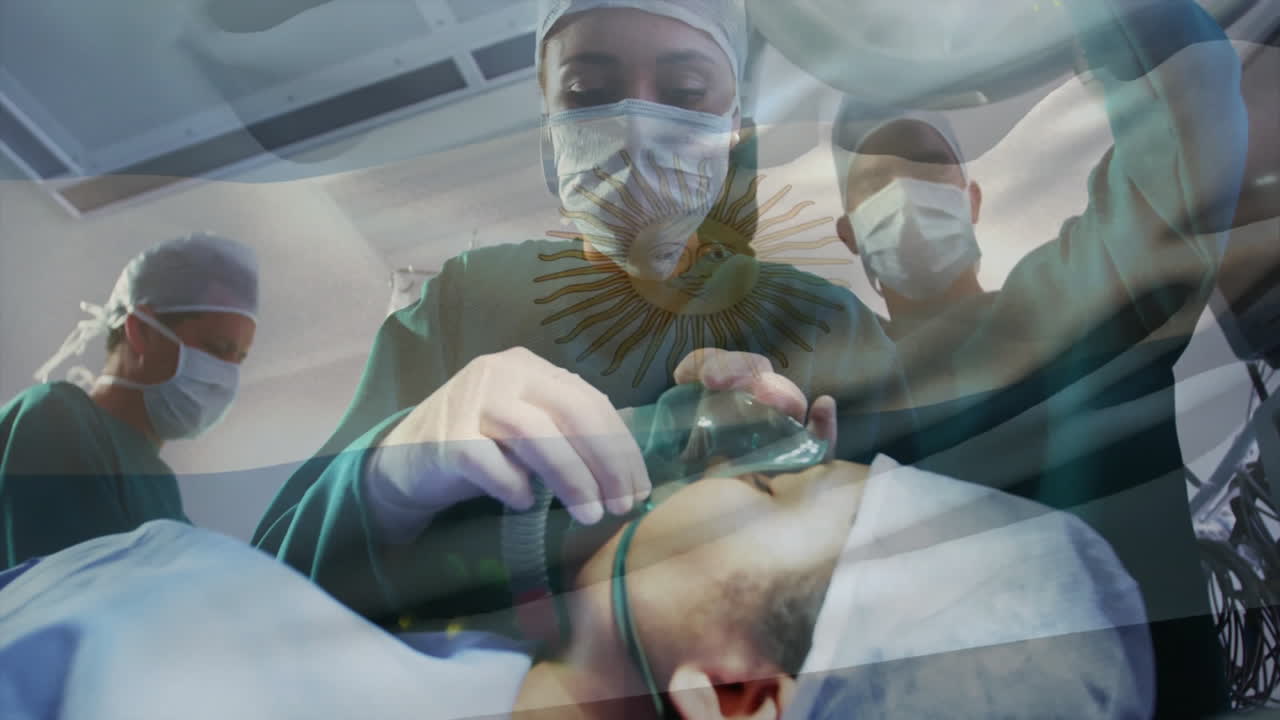 female surgeon applying oxygen mask while colleagues tracking animated vital-sign graph overlay