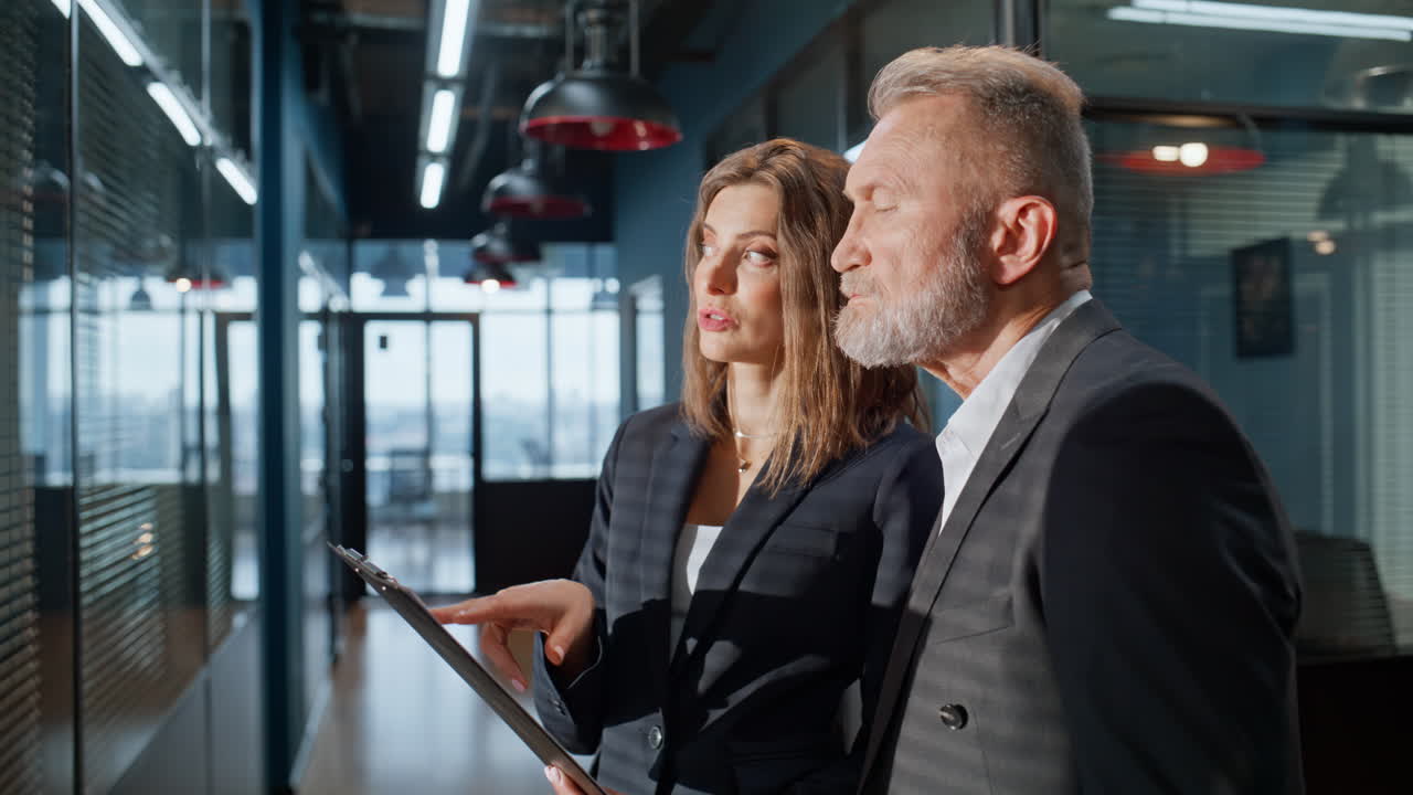 Wealthy business people talking in office hall closeup. Confident businesswoman