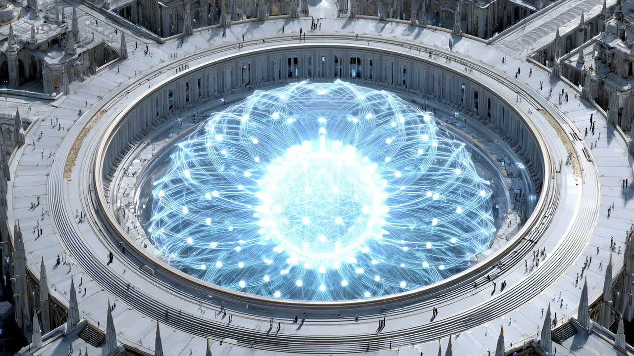Modern city with glowing energy pattern. A crowd gathers in a futuristic urban space with a radiant circular design, creating a vibrant atmosphere