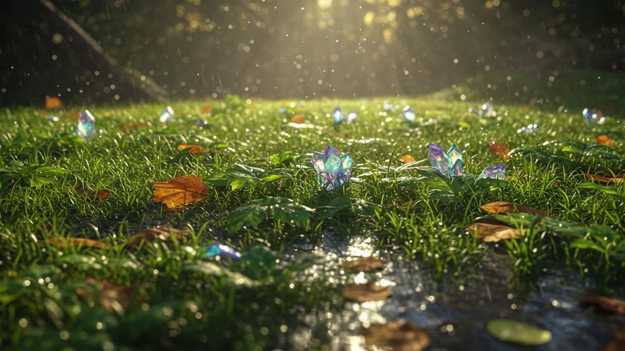 A tranquil scene of lush grass adorned with shimmering, colorful flowers glistening in the morning dew, illuminated by soft sunlight filtering through trees