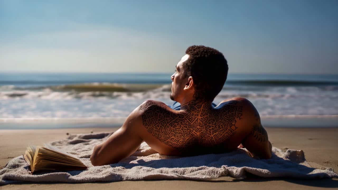 En afslappende dag på stranden: En ung mand nyder solen og bølgerne, mens han læser en bog og omfavner naturens ro og skønhed ved kystlinjen.
