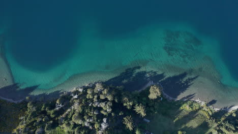 aerial - traful lake, patagonia, río negro, argentina, top down lowering spinning shot