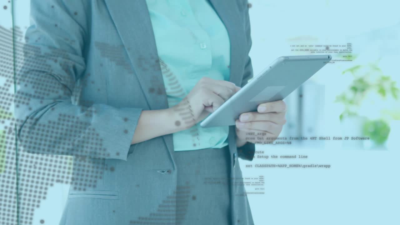 Right-hand tap activating tablet executive tapping swiping revealing dotted map code analyzing data