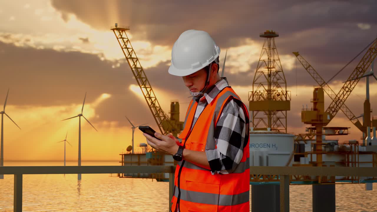 Side View Of Asian Male Engineer With Safety Helmet Using Smartphone While Standing With Offshore Hydrogen Production