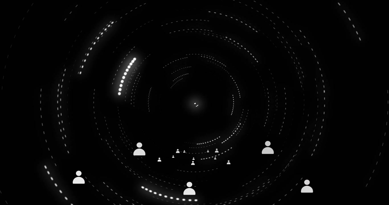 Central dot initiating rotating rings, avatars pulsing and brightening, representing user activity