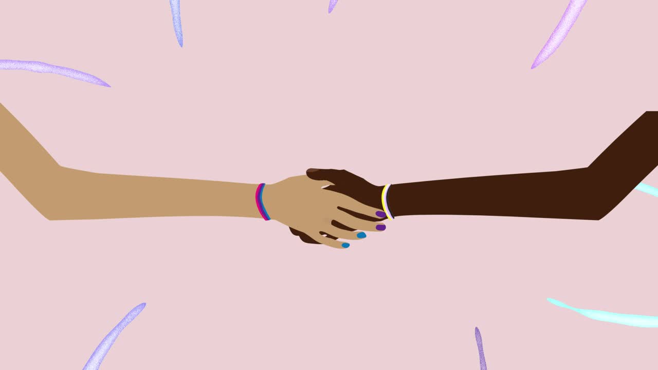 Two people with bisexual and nobinary bracelets shaking hands