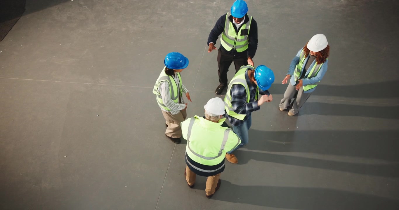 Diverse Group of Construction Workers Dancing Together in Warehouse