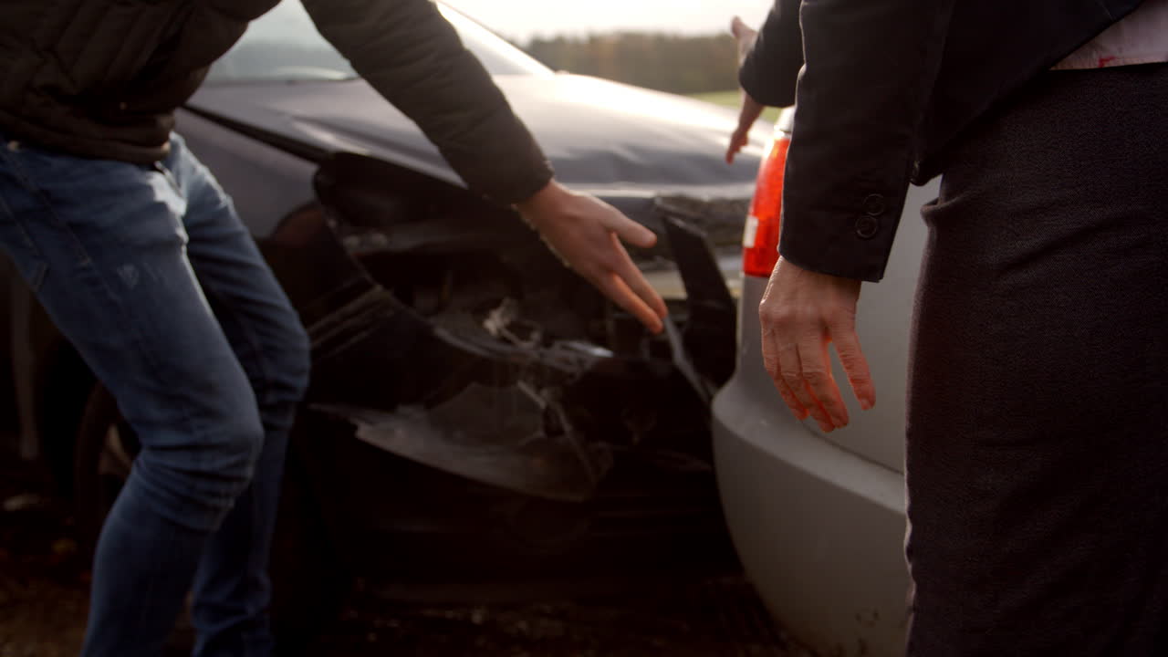 dos conductores discutiendo sobre el daño a los coches después de un accidente