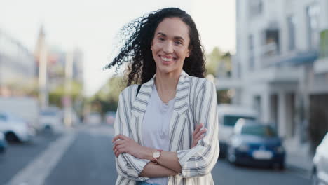 arms crossed, business and face with woman in city