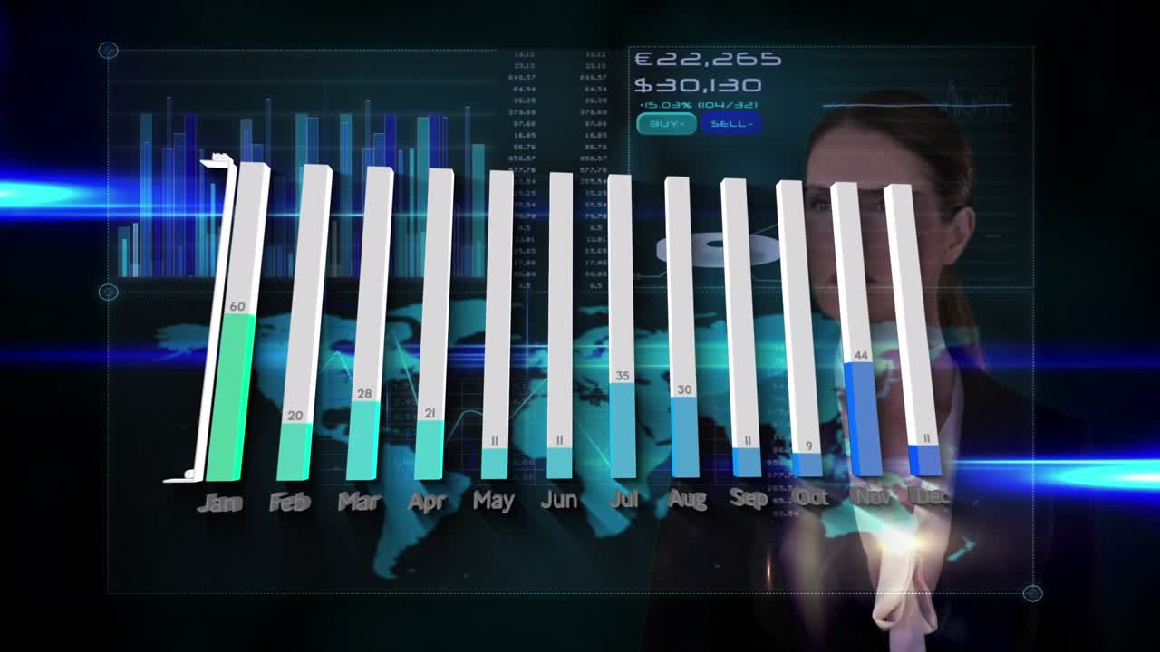 Animation of data processing over caucasian businesswoman