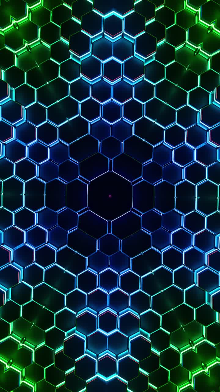 Hexagonal Pattern with Kaleidoscope Colors. Looped Animation Vertical