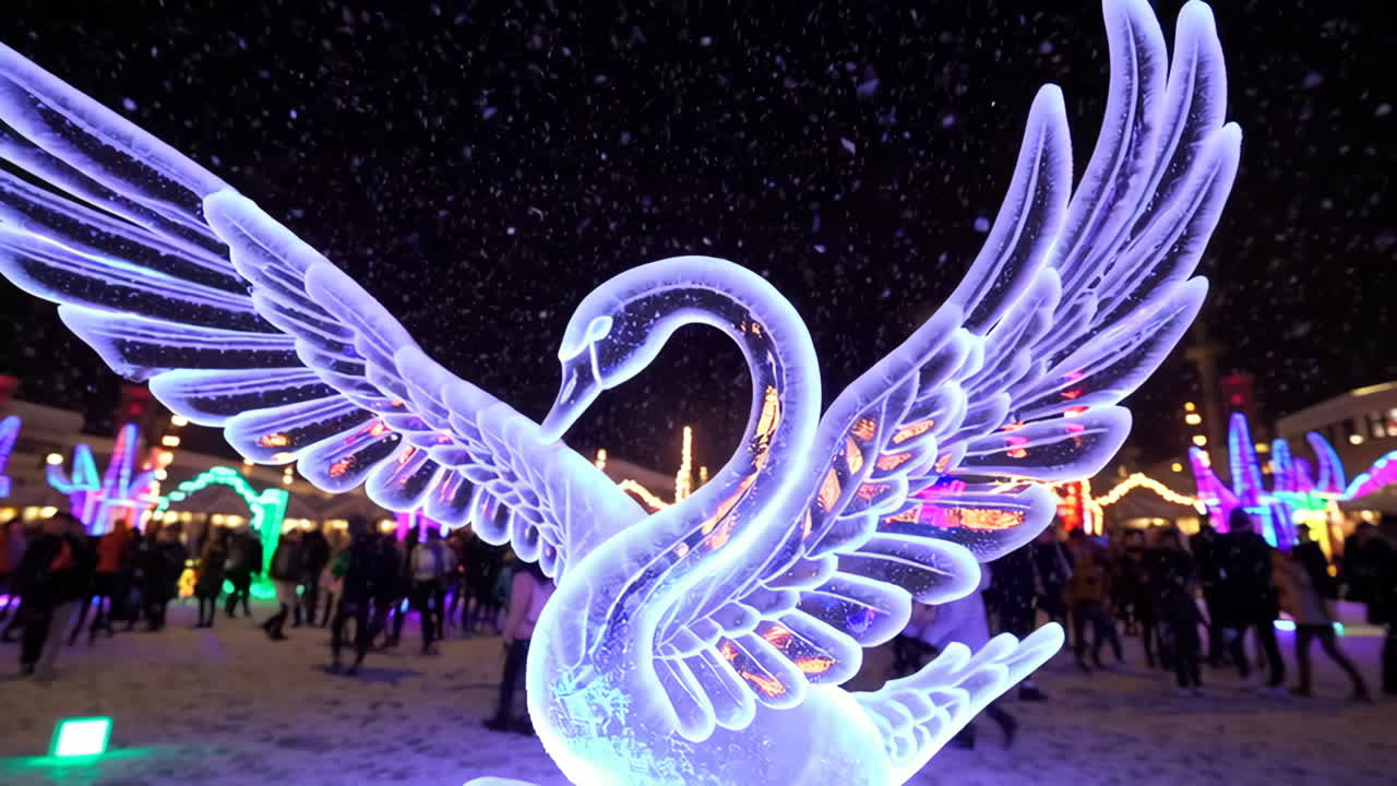 Ice Swan Sculpture at Night