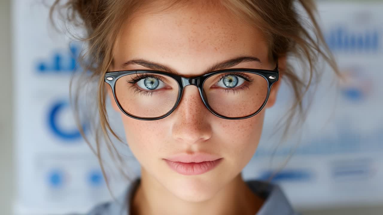 A close-up portrait of a young woman with striking blue eyes and freckled skin, wearing glasses, exuding confidence and curiosity against a background of charts and data