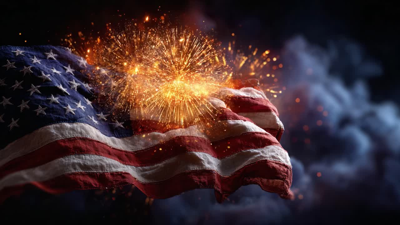 Celebratory Fireworks Illuminate the American Flag Against a Dark Night Sky, Symbolizing Freedom and Unity in Vibrant Colors and Majestic Display