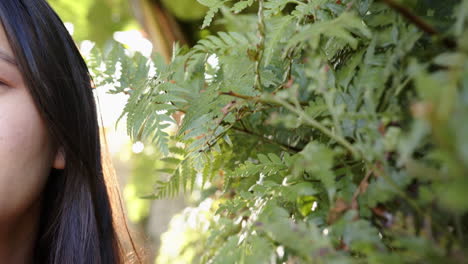 admiring lush green foliage, woman enjoying nature in outdoor setting