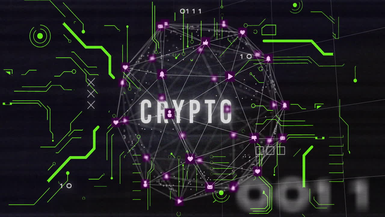 Network of connections and data processing animation with CRYPTO text in center