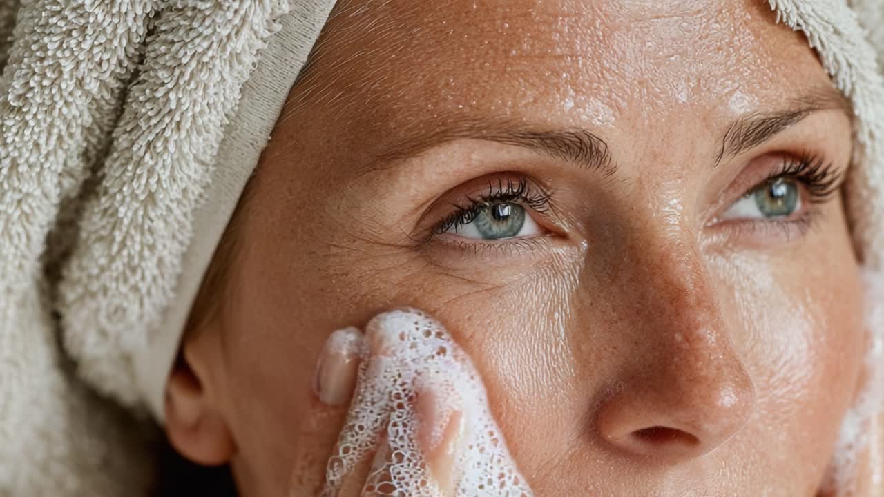 A Close-Up of a Woman Washing Her Face, Highlighting the Beauty Routine with Foaming Cleanser and Soft Towel for Skincare and Refreshing Appearance