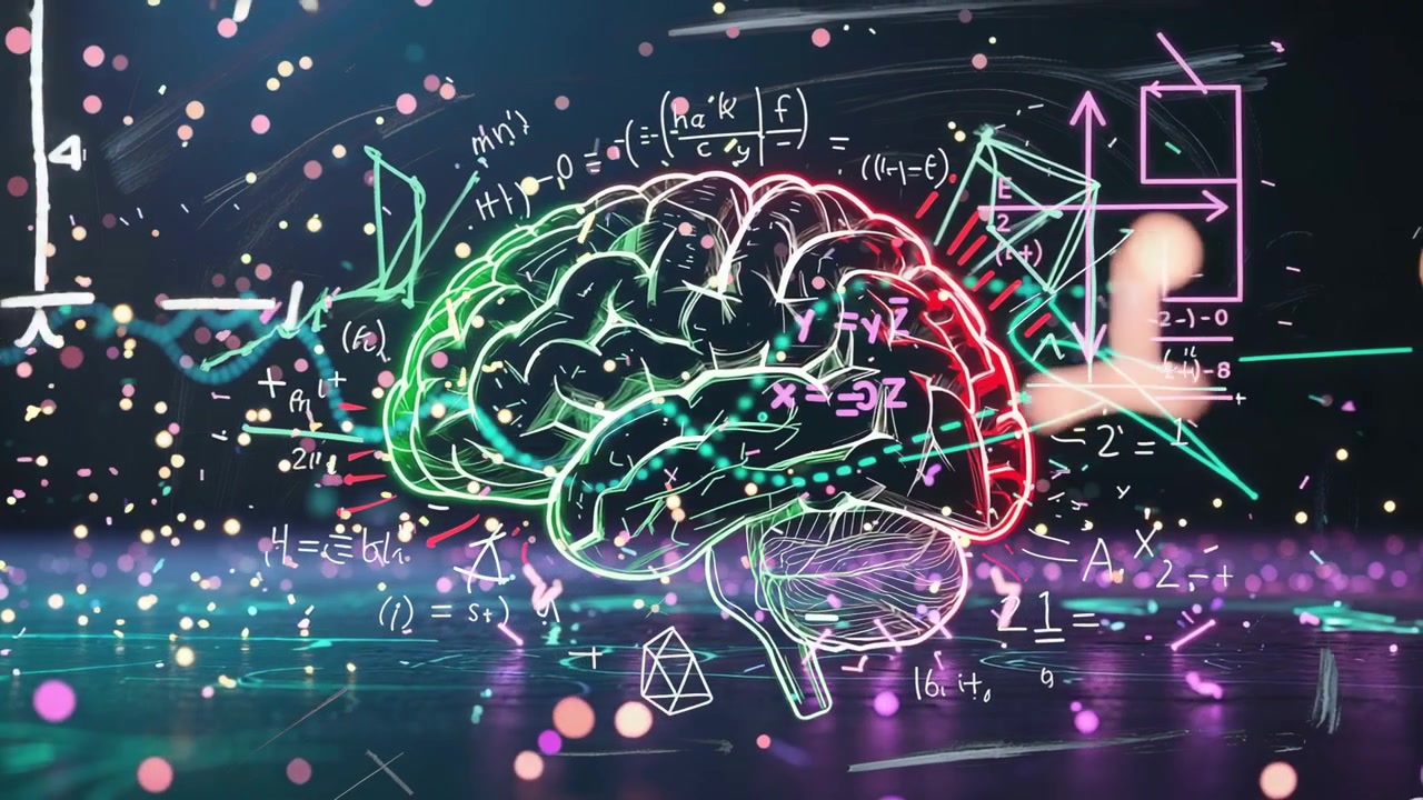 Rotating neon wireframe brain model showing equations on shiny grid floor, with drifting particles