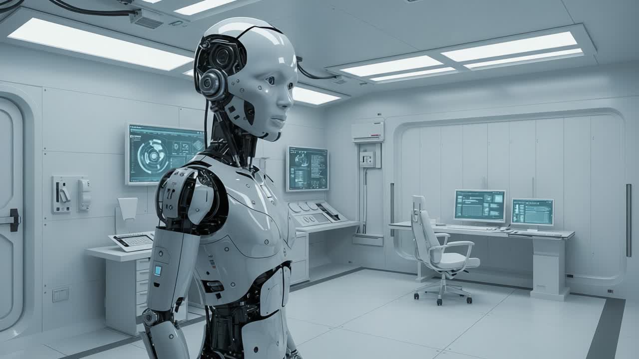 A Futuristic Robot in a High-Tech Laboratory Environment, Showcasing Advanced Robotics and Artificial Intelligence in a Sleek, Modern Setting