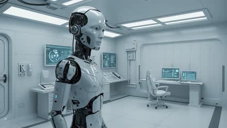 a futuristic robot in a high-tech laboratory environment, showcasing advanced robotics and artificial intelligence in a sleek, modern setting