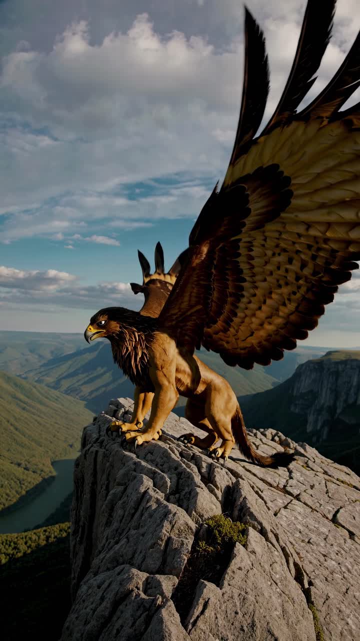 Un'aquila maestosa apre le ali sul bordo di una scogliera, ripresa da una angolazione bassa, in stile cinematografico