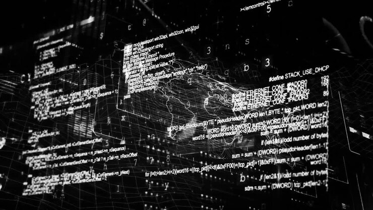 Digital animation of interface with world map and data processing against black background