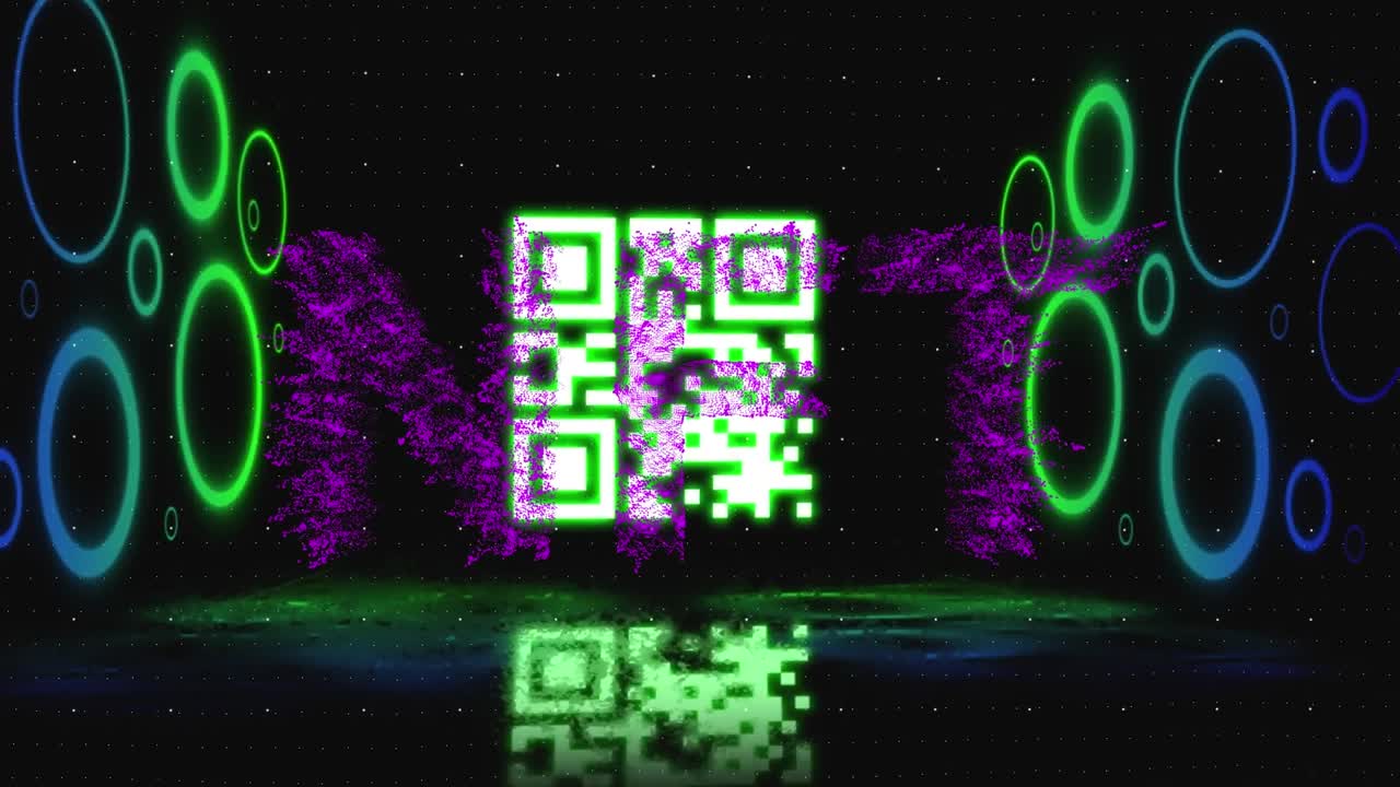 Animation of nft text and qr code over dark background