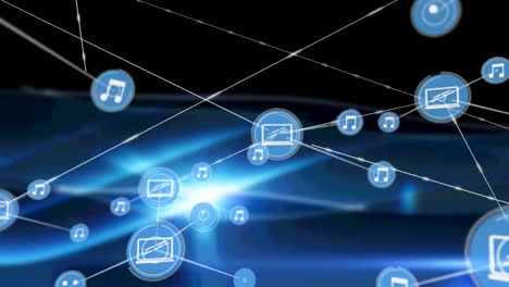 animación de redes de conexiones con iconos sobre senderos de luz azul