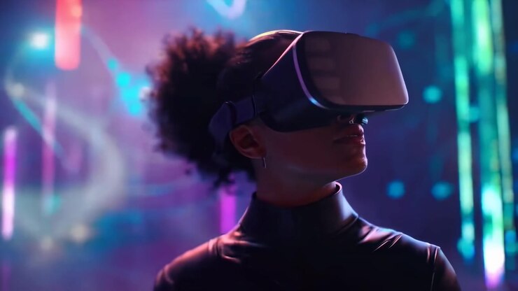 Junge Frau erlebt Virtual Reality in einer neonbeleuchteten Umgebung