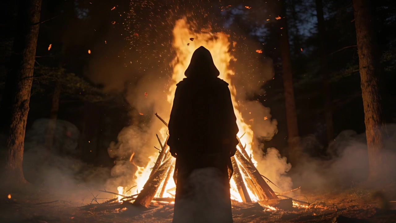 Stående figur i hættekappe ser bål vokse fra gløder på en skovlysning.