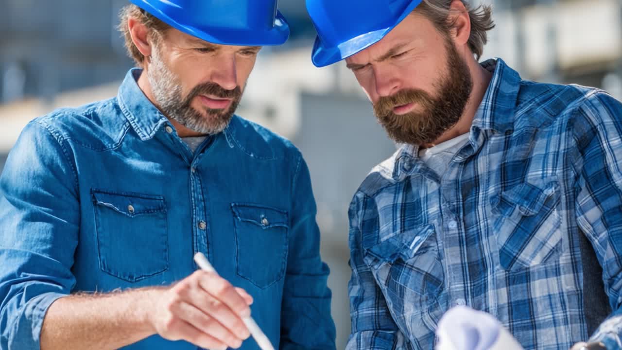 Two Construction Workers Analyzing Project Plans Together on a Worksite, Showcasing Collaboration and Attention to Detail in their Work