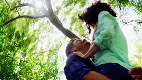 romantic man lifting woman in park