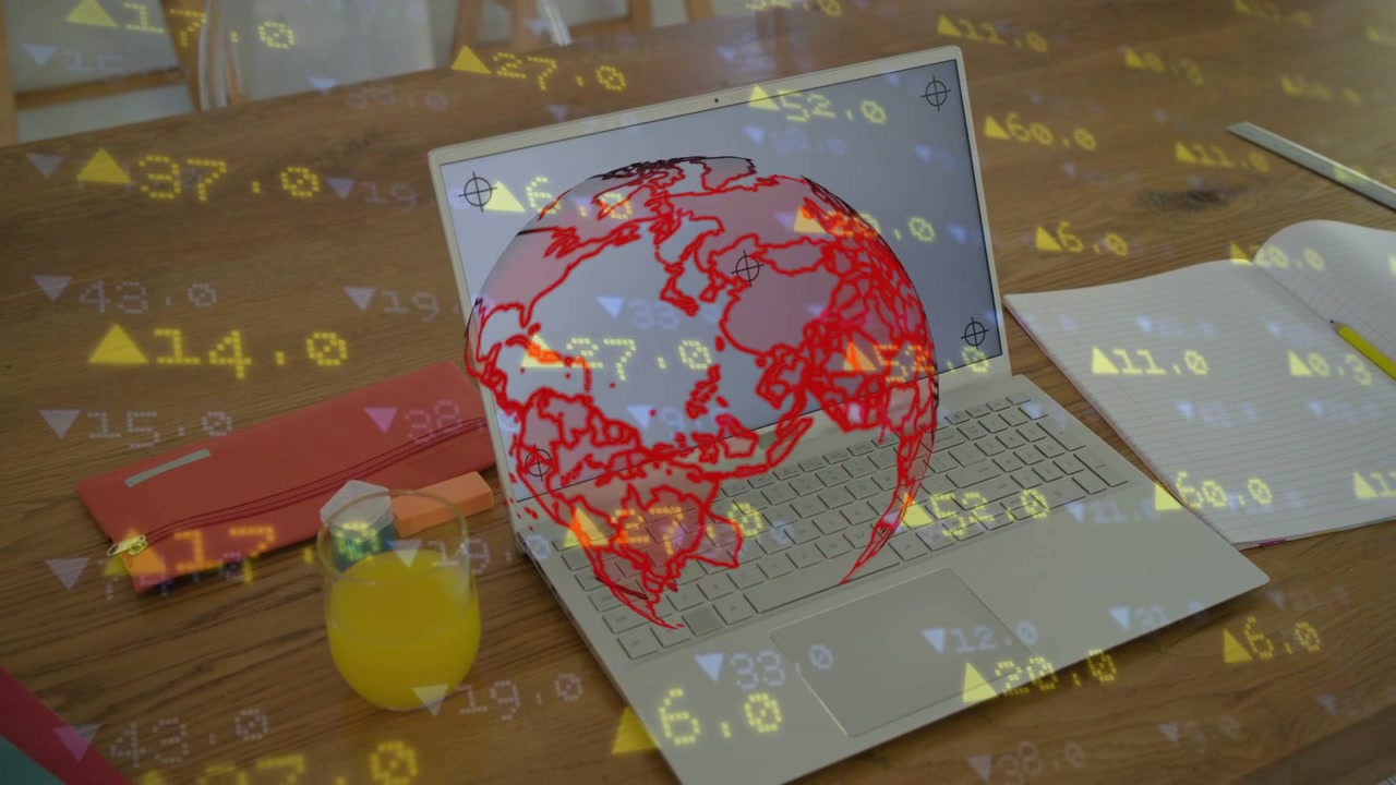 Globo 3D rojo apareciendo sobre un portátil, girando mientras indicadores amarillos parpadean, mostrando datos de mercado.