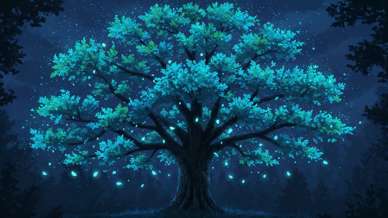 A Majestic Illuminated Tree Standing Tall in a Starry Night Sky, Surrounded by Enchanting Glowing Lights, Evokes a Sense of Wonder and Serenity in Nature's Realm