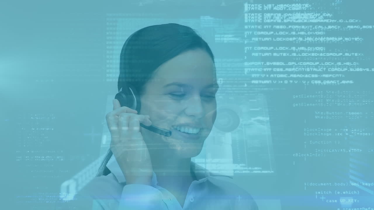 Animation of data processing over caucasian woman using phone headset working in call center