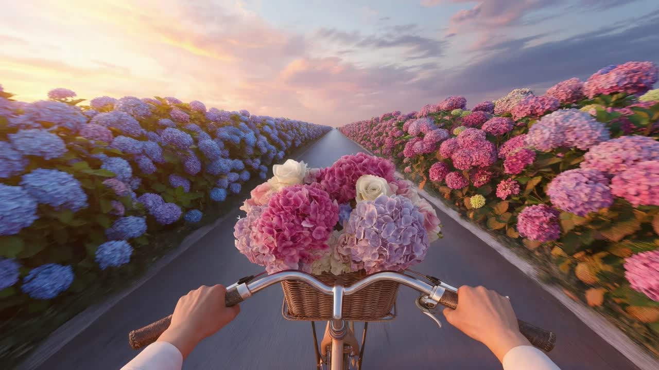 Peaceful rural bicycle trip with hydrangeas in basket under warm sunset sky