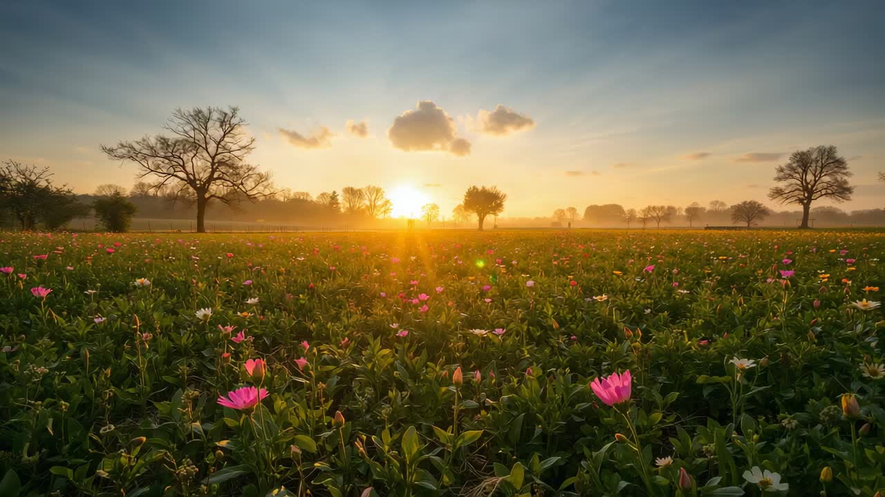 Opgående sol bader blomsterengen, lyser himlen op, danner linselys, indhyller tåge, 3 nøgne træer.