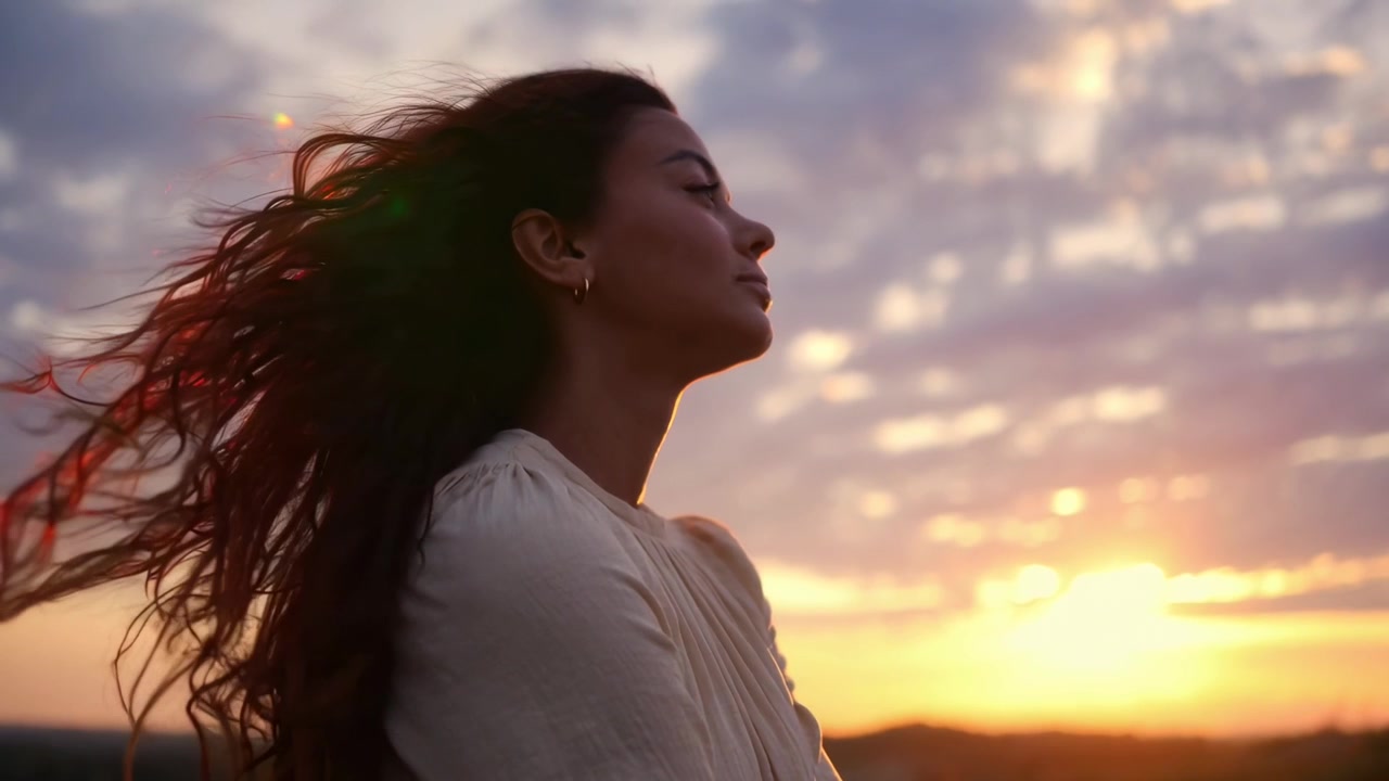 Mujer joven de pie al aire libre al atardecer con el cabello ondeando al viento