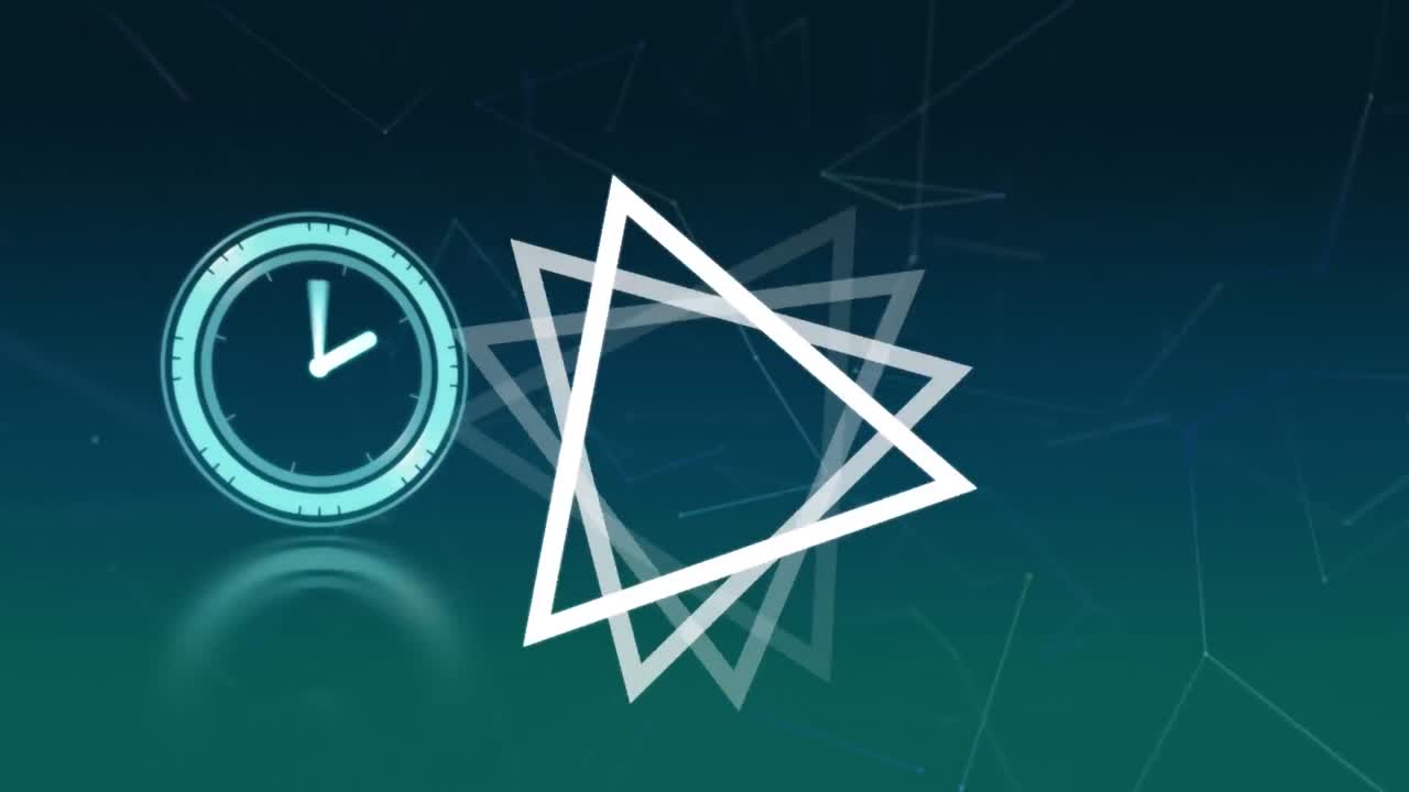 파란색 배경에 연결 네트워크를 통해 움직이는 시계와 삼각형의 애니메이션