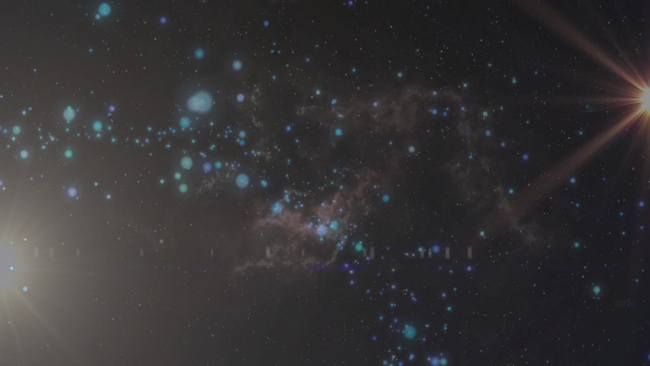 Bright orb initiating camera panning to reveal rotating nebula, emerging star points and flare star