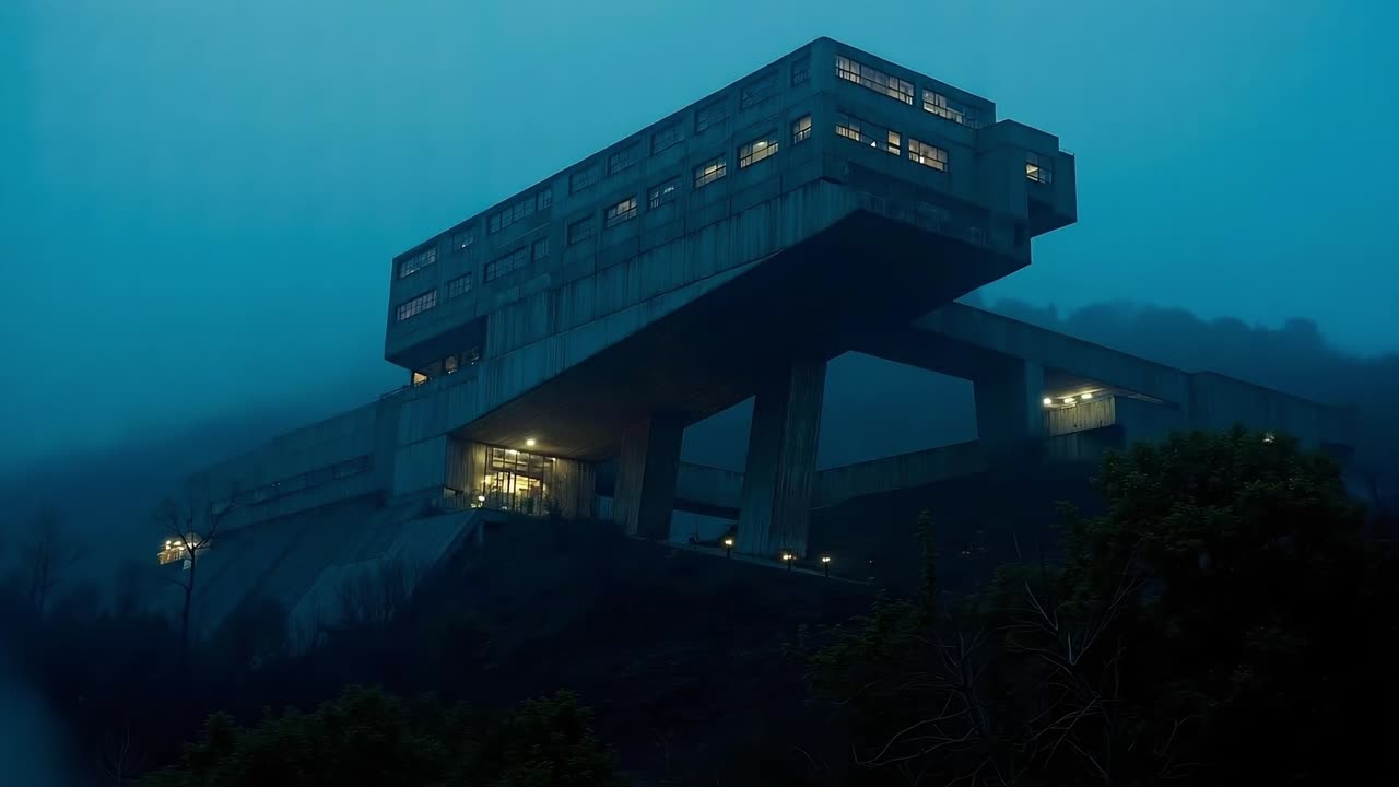 A building on top of a hill in the fog at night