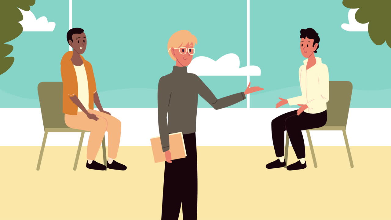 젊은 남자들이 앉아있는 캐릭터 애니메이션