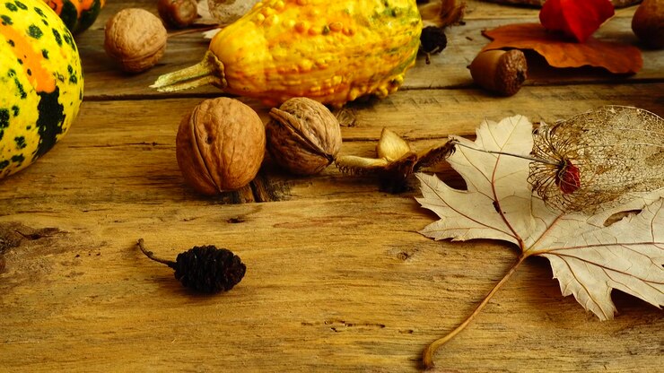 Autumn still life on a wooden vintage board.