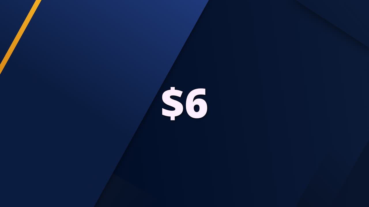 A modern and clean animated graphic showing a price tag of $6. Ideal for use in e-commerce, digital ads, promotions, and product highlight videos