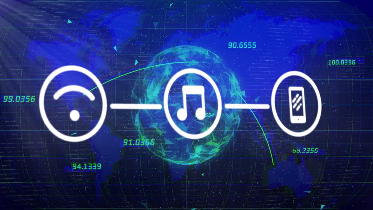 Topleft flare sweeping ripple becoming Wi?Fi music phone icons linking over globe showing streaming
