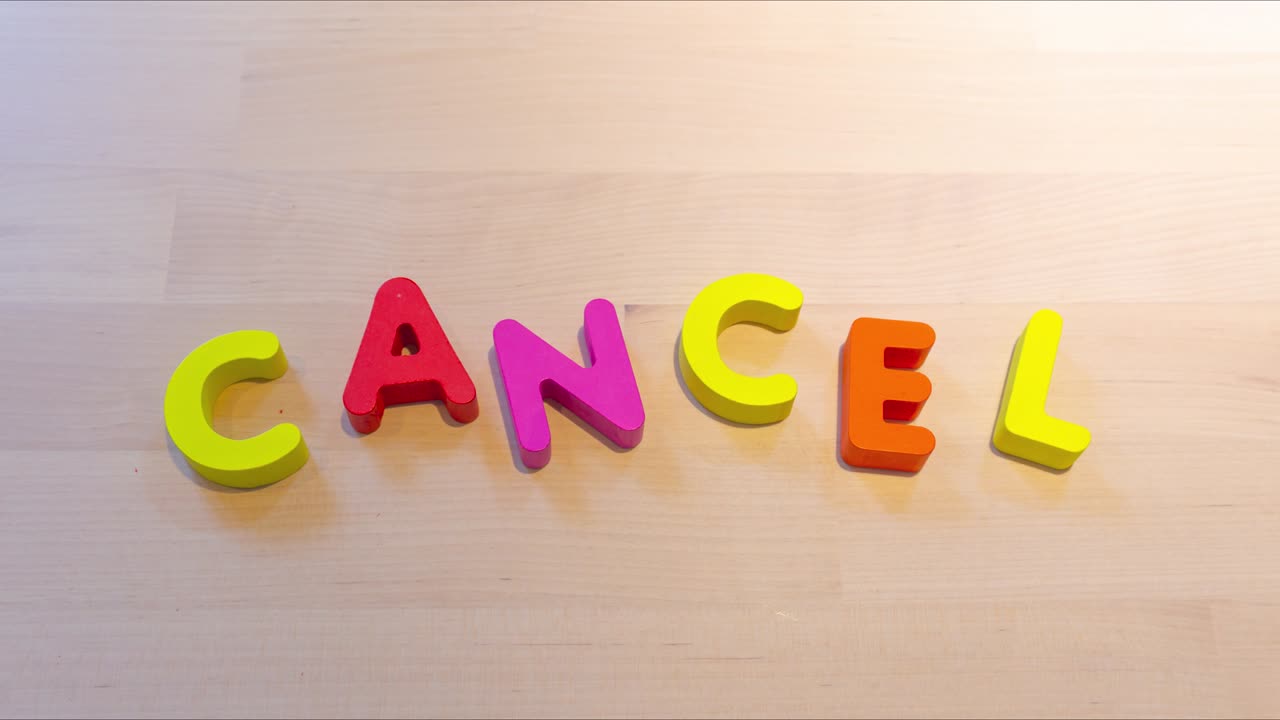Animação stop motion com texto 'Cancelar', palavras saltitantes para conceito de cancelamento.